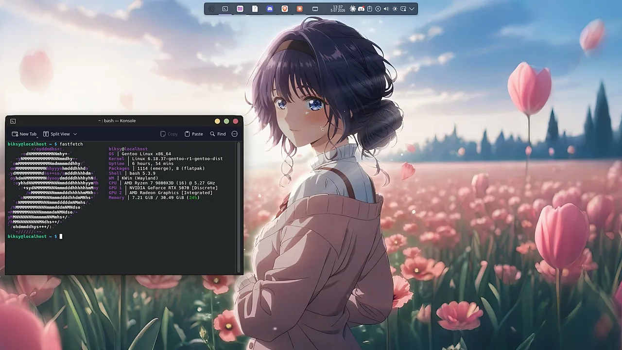 My actual Gentoo desktop, KDE Plasma with fastfetch running